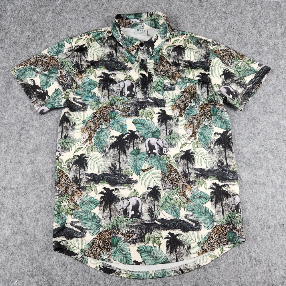 Bylt Hawaiian Safari Polo Shirt Men M Performance Jungle Exotic Stretch Africa